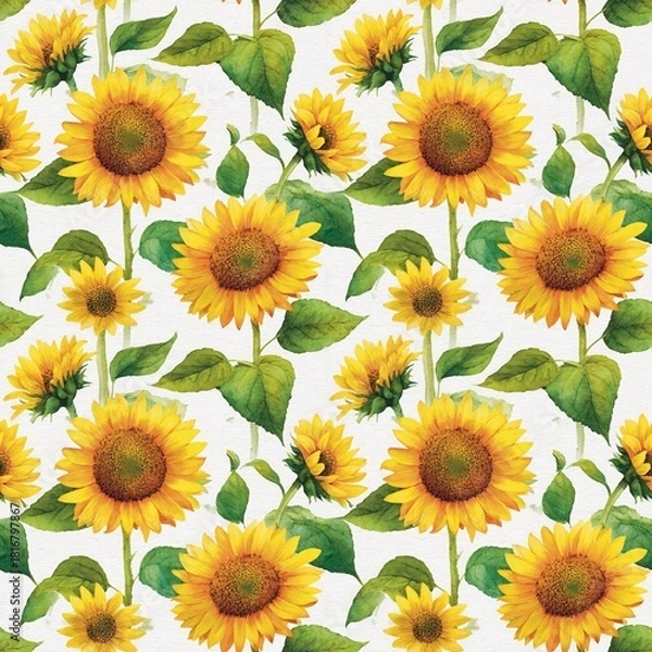Obraz Seamless sunflower and leaf pattern, bright yellow and green, hand-painted style, high-resolution, fabric design design patterns seamless fabric pattern, textile background