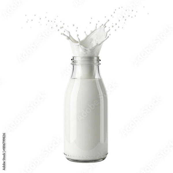 Fototapeta Fresh milk splashing out of a glass bottle isolated on transparent background