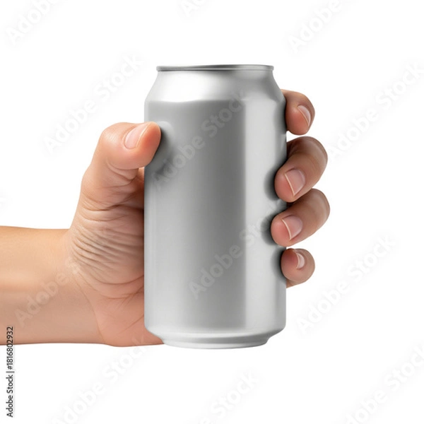 Fototapeta Hand holding a blank aluminum can isolated on transparent background for mockup