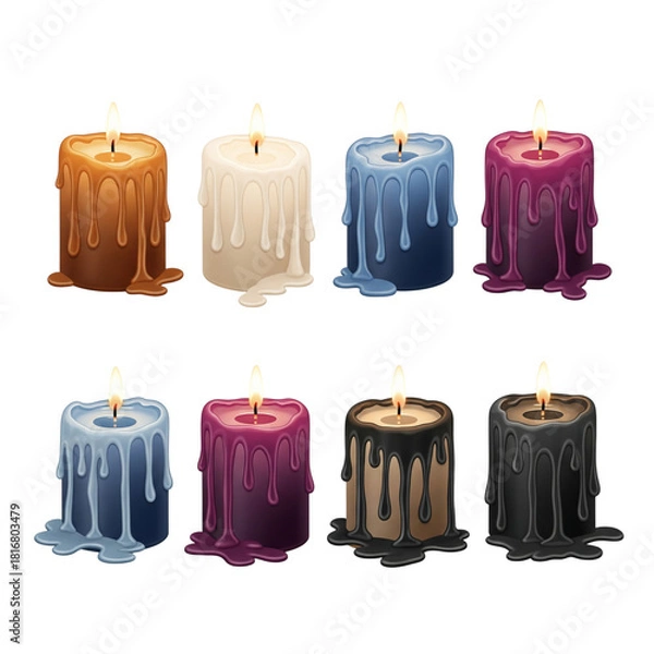 Fototapeta Collection of colorful melting wax candles isolated on transparent background