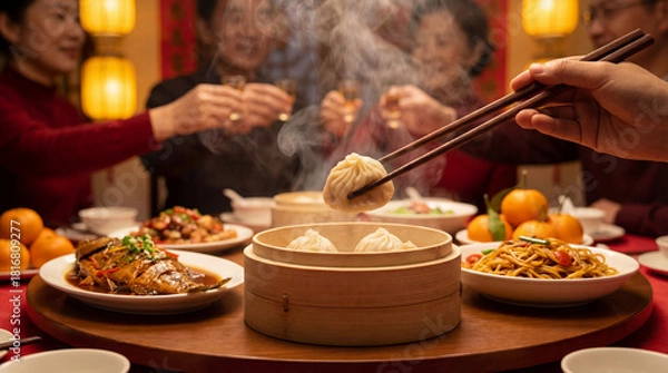 Fototapeta Chinese Family Dinner Steaming Dumpling Chopstick Clink Toast New Year
