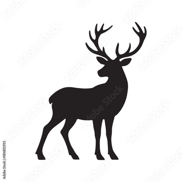 Obraz Standing stag with large antlers silhouette vector on white background
