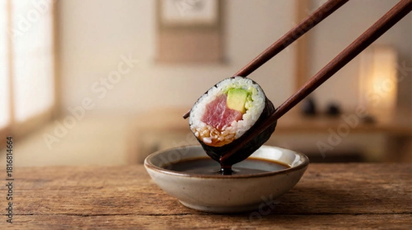 Fototapeta Tuna Avocado Sushi Roll Dipped in Soy Sauce with Chopsticks