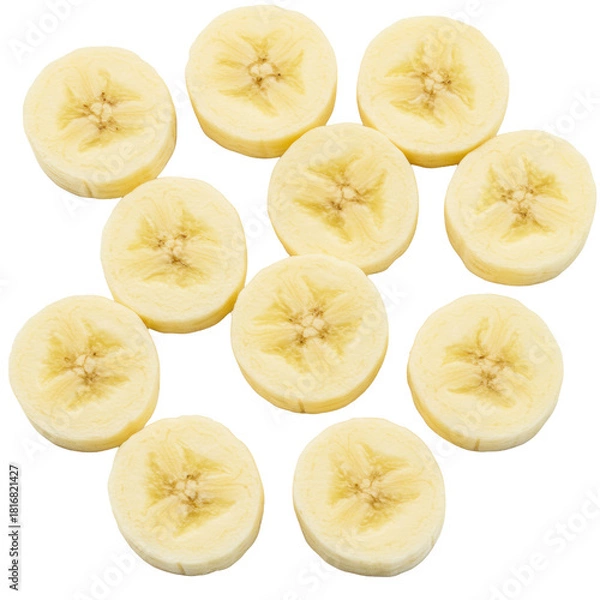 Fototapeta Fresh, ripe, yellow banana slices, uniform, plump, and soft, artfully arranged in groups against a transparent studio background with copy space, concept of healthy food and natural goodness