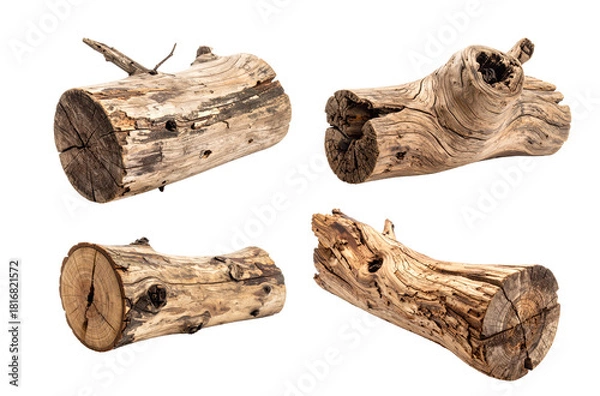 Fototapeta Set of old wooden log isolated on a transparent background.