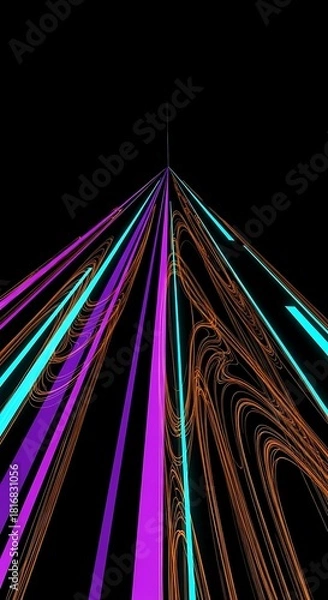 Obraz Vibrant purple and teal lines race toward horizon on stark black backdrop