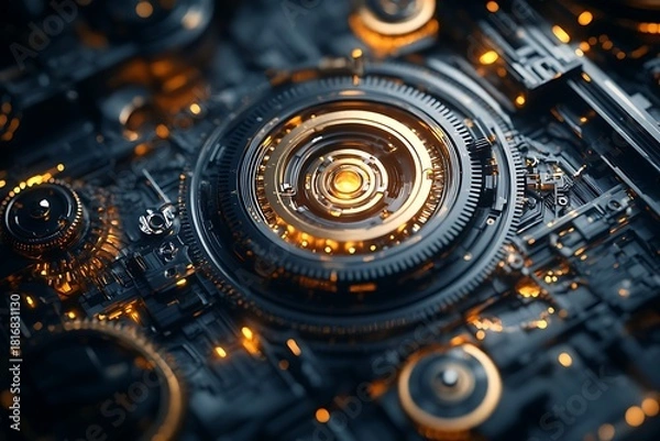 Fototapeta Advanced artificial intelligence processor with glowing golden gears and intricate digital components, a detailed macro view.