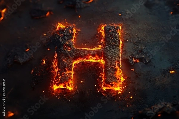 Fototapeta Molten rock letter h glowing intensely on a dark, textured surface, showcasing powerful fiery typography with embers