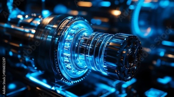 Fototapeta Detailed view of advanced mechanical shaft with intricate gears and vibrant blue light, representing precision engineering.