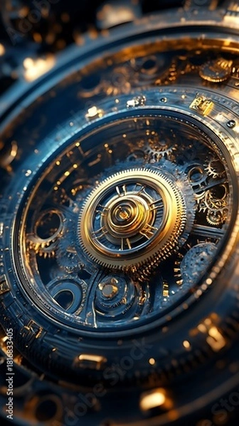 Fototapeta Close-up of intricate mechanical gears and cogs in a complex clockwork mechanism with golden and blue tones