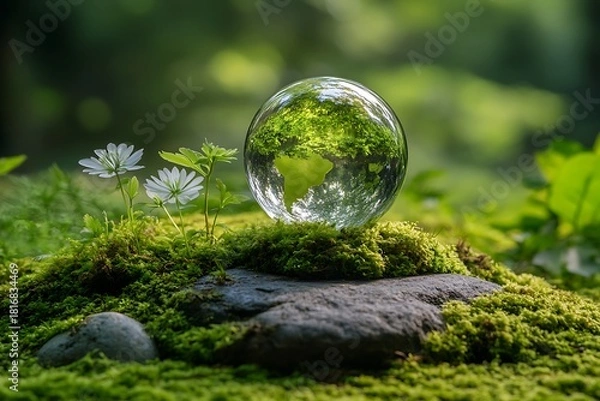 Fototapeta Green earth in crystal sphere, reflecting a lush forest, on moss with white flowers, a global nature concept.