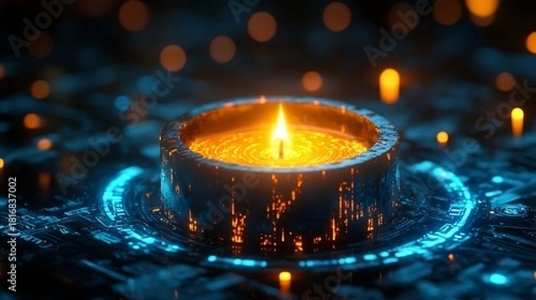 Fototapeta Futuristic glowing candle with digital circuit patterns and warm bokeh light on a dark technology background