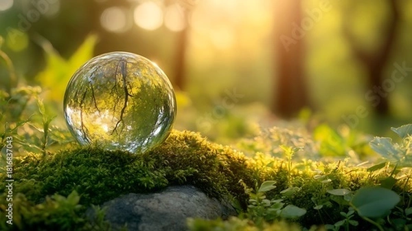 Fototapeta Glass sphere on mossy ground, capturing inverted sunlit forest, representing nature's reflection and environmental insight.