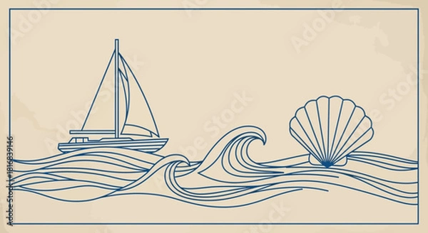 Fototapeta Vintage nautical line art illustration featuring a sailboat, ocean waves, and a seashell on a beige background.