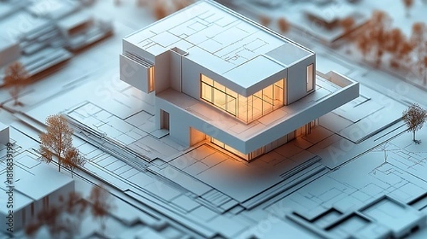 Fototapeta Architectural model of a modern minimalist house with glowing interiors on a blueprint urban planning base.