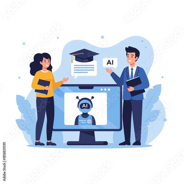 Fototapeta Two people learning about artificial intelligence and technology with a robot on a computer screen.