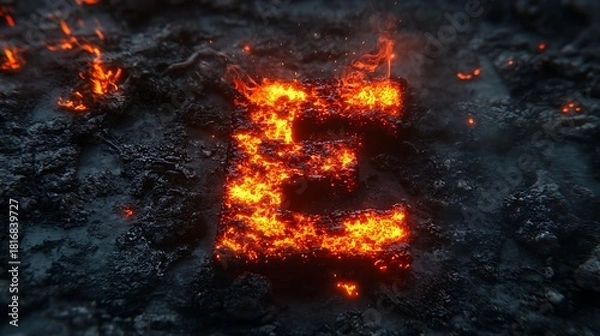 Fototapeta Fiery letter e on dark cracked ground, glowing red hot with intense flames and sparks, a symbol of extreme power.