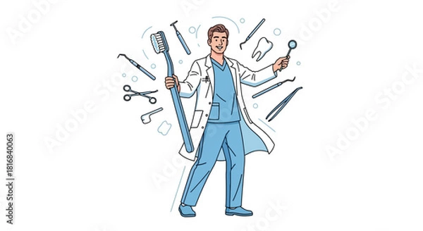 Fototapeta A male dentist in scrubs and lab coat holding a giant toothbrush and dental mirror, surrounded by various dental instruments.