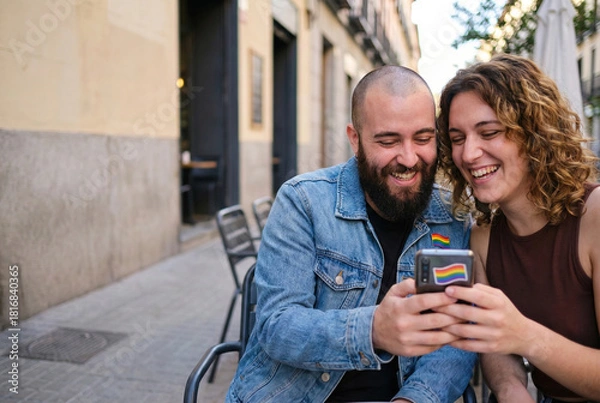 Fototapeta Happy diverse couple smiling watching smartphone together