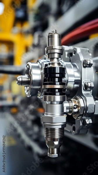 Fototapeta Closeup of shiny metallic industrial machinery component, showcasing precision engineering and manufacturing detail.