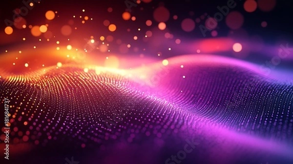 Fototapeta Abstract digital wave pattern with glowing orange, pink, and purple particles and shimmering bokeh lights background