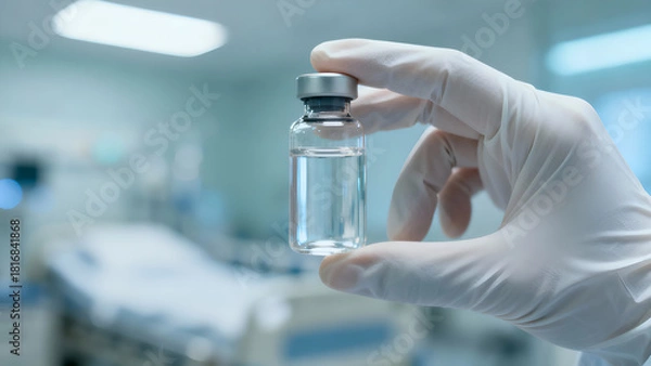 Obraz A healthcare worker presents a vaccine vial in a hospital room, ideal for medical articles or health campaigns.