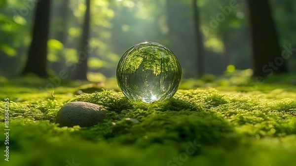 Fototapeta Crystal sphere on vibrant green moss in sunlit forest, reflecting inverted trees and light, nature's beauty