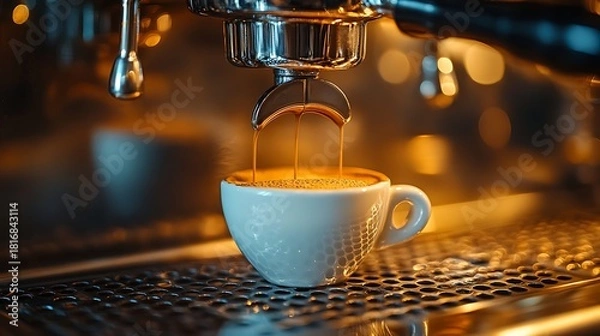 Fototapeta Freshly brewed rich espresso shot pouring into a pristine white ceramic cup from a professional coffee machine at cafe