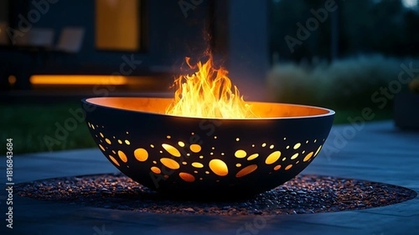 Fototapeta Modern decorative fire pit with vibrant flames illuminating a contemporary patio at dusk, creating a cozy evening ambiance.