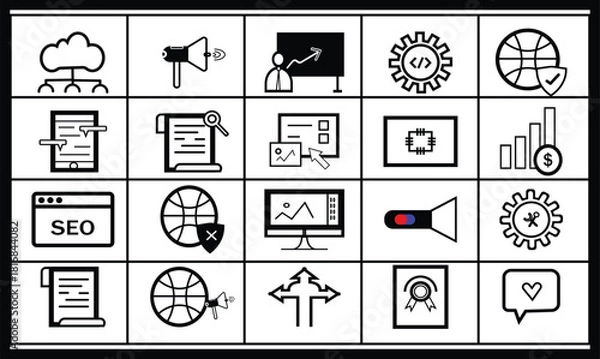 Fototapeta A comprehensive collection of twenty black and white outline icons representing various themes in digital marketing, business, development, and sports. Includes symbols for cloud computing, megaphone.