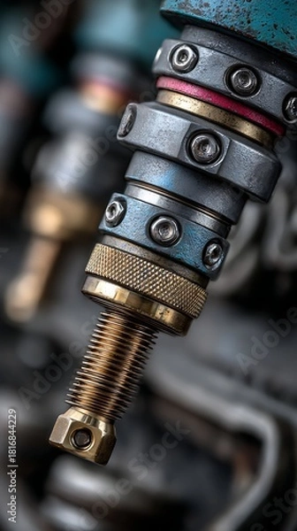 Fototapeta Macro shot of intricate industrial machinery part with brass threads, weathered blue paint, and metal bolts