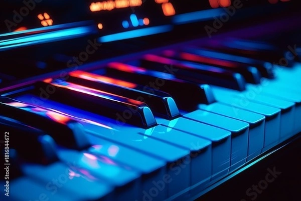 Fototapeta Modern electronic synthesizer keyboard keys glowing with vibrant neon blue and magenta lighting, close-up detail.