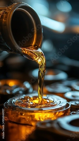 Fototapeta Golden viscous liquid pouring from a container, highlighting its rich texture, smooth flow, and industrial quality.