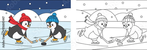 Fototapeta Coloring book page for kids. Two cute cartoon penguins playing ice hockey in winter. Vector illustration with colored example and black and white outline.