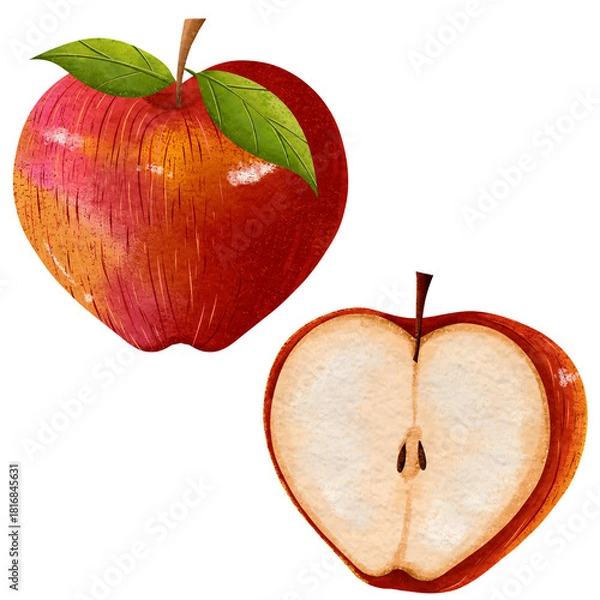 Obraz Watercolor illustration of a whole red apple and a slice with green leaves 
