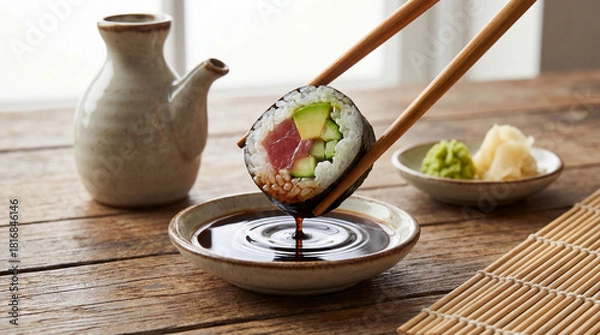Fototapeta Fresh Sushi Roll Dipped in Soy Sauce with Chopsticks on Rustic Table