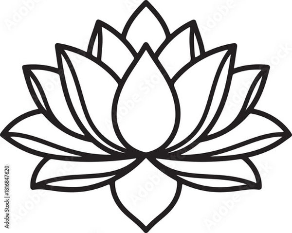 Fototapeta A simple elegant black and white line drawing of a lotus flower with multiple layers of petals isolated on transparent background