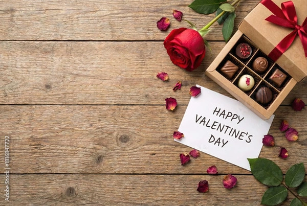 Fototapeta Valentine's day concept with rose, chocolates, and greeting card