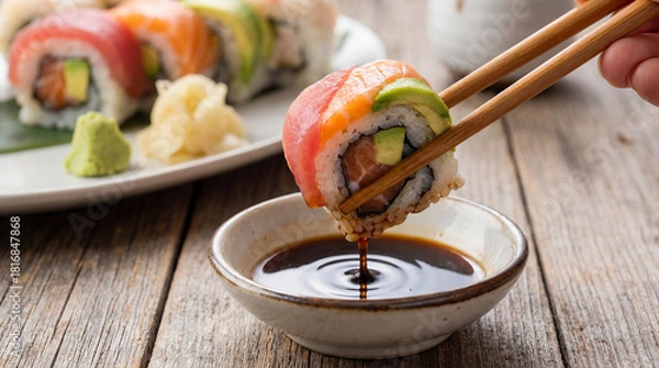 Fototapeta Hand Dipping Fresh Sushi Roll into Soy Sauce Bowl with Chopsticks