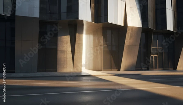 Obraz Striking modern building facade with sharp angles and reflective surfaces, ideal for showcasing urban design in advertisements.