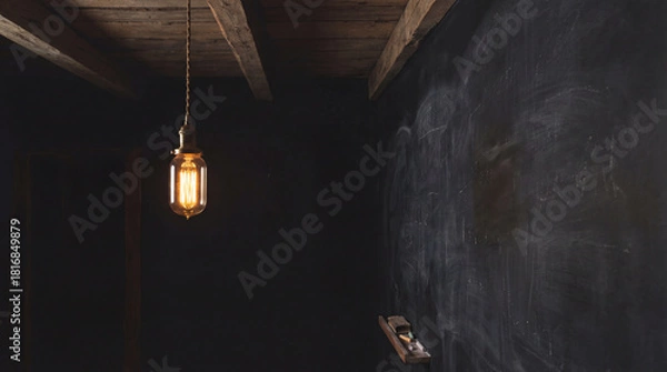 Fototapeta Vintage Hanging Light Bulb in Rustic Room with Blank Chalkboard