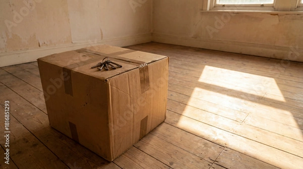 Fototapeta Cardboard Moving Box with Keys on Wooden Floor in Empty Sunny Room