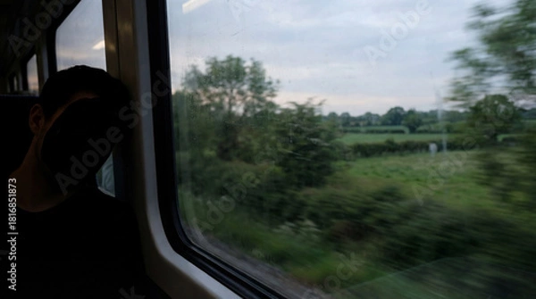 Fototapeta Silhouette of Passenger Looking Out Train Window at Passing Countryside during Evening