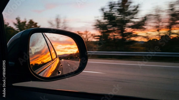 Fototapeta Car Side Mirror Reflecting Golden Sunset While Driving on Highway