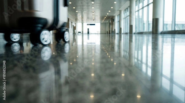 Fototapeta Low Angle View of Rolling Suitcase Wheels on Shiny Airport Floor