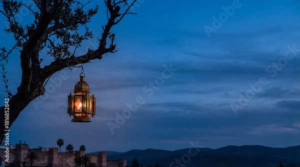 Fototapeta Illuminated Arabic Lantern Hanging from Tree Branch at Blue Hour Twilight