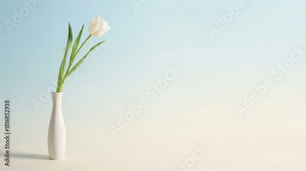 Fototapeta Single White Tulip Flower in Vase on Soft Blue Gradient Background with Copy Space