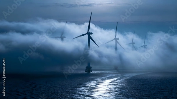 Obraz Silhouettes of wind turbines rise from fog over a calm sea at dawn, creating a serene atmosphere ideal for nature-themed projects or tranquility-focused designs.