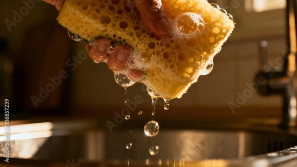 Obraz Hand squeezing a soapy sponge over a kitchen sink, capturing the essence of cleaning with water droplets, great for home decor.