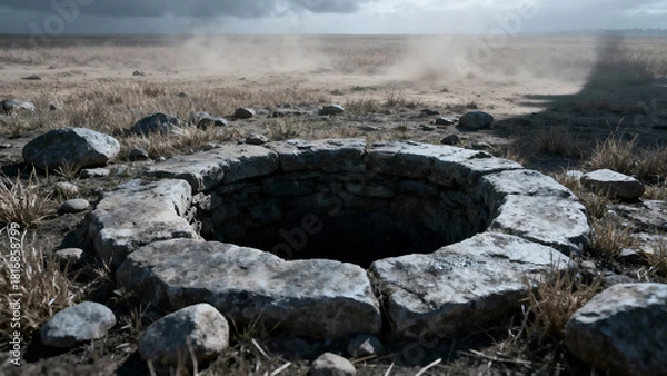 Obraz A close-up of a circular stone well surrounded by dry grass, perfect for illustrating rural heritage or geological features.